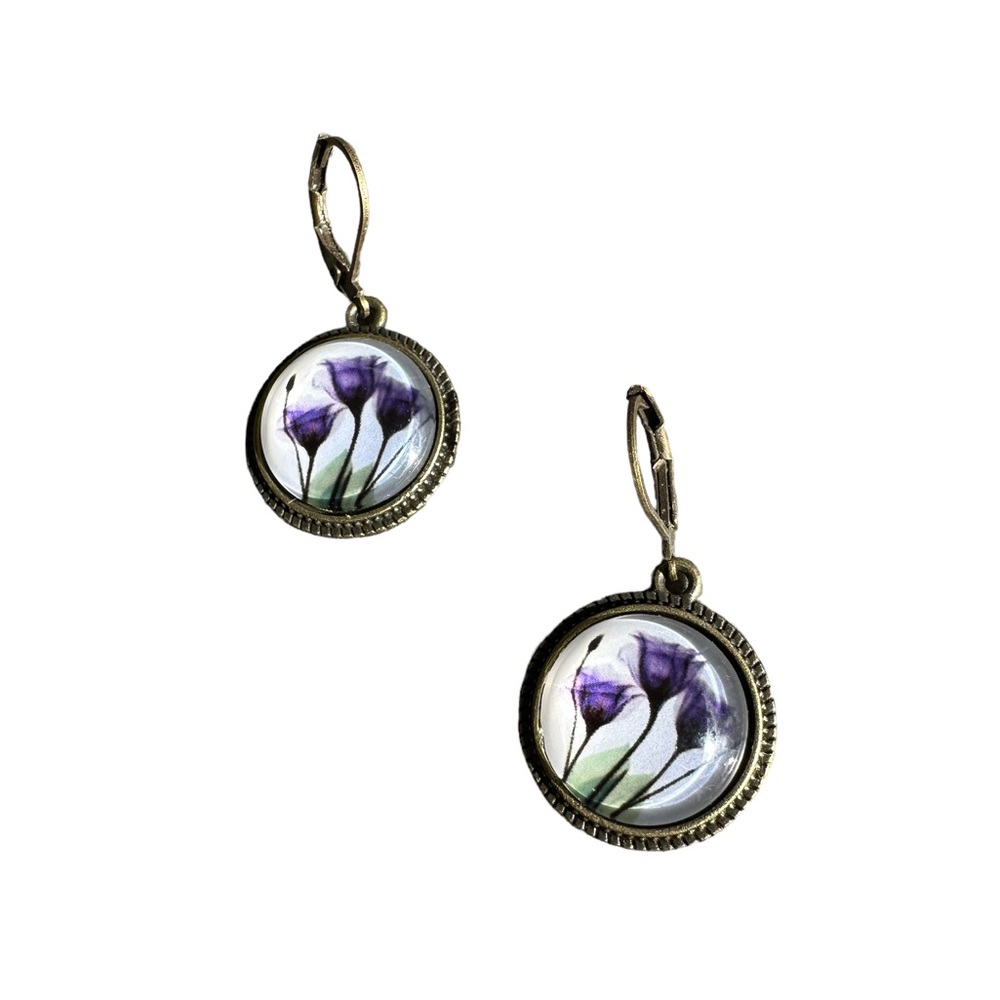 Antique Gold Bubble Earrings with Purple Floral Design